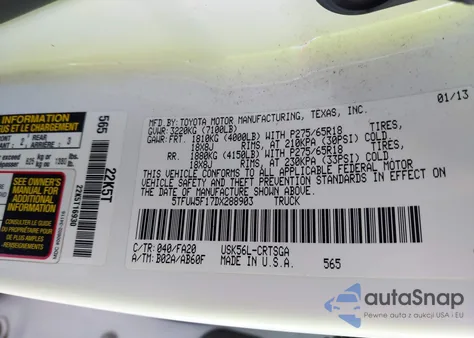 2013 Toyota Tundra Grade 5.7L V8 из США, поврежденный, VIN 5TFUW5F17DX288903